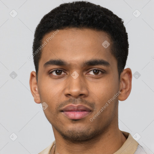 Neutral latino young-adult male with short  black hair and brown eyes