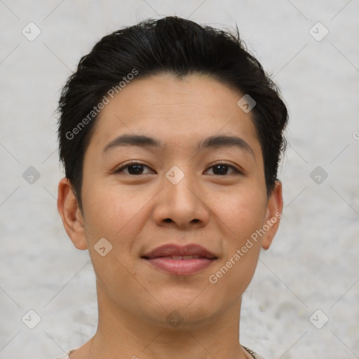 Joyful asian young-adult female with short  brown hair and brown eyes