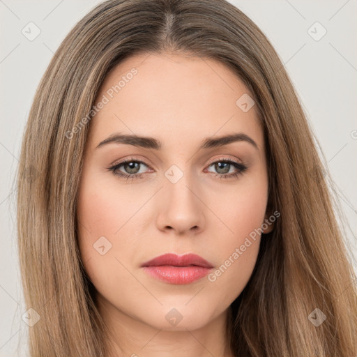 Neutral white young-adult female with long  brown hair and brown eyes