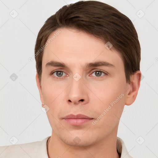 Neutral white young-adult male with short  brown hair and brown eyes