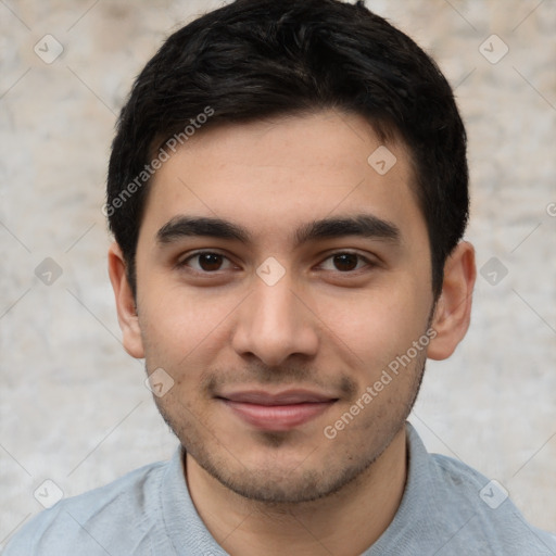 Joyful white young-adult male with short  black hair and brown eyes