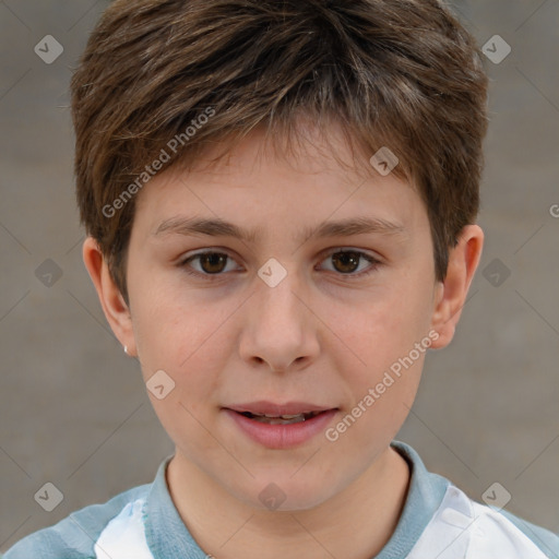 Joyful white child male with short  brown hair and brown eyes