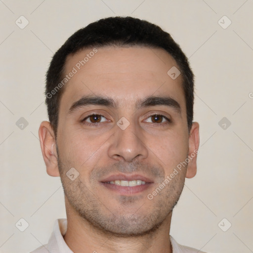 Joyful white young-adult male with short  brown hair and brown eyes