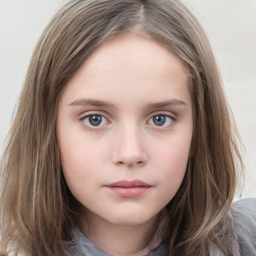 Neutral white child female with long  brown hair and grey eyes