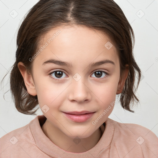 Joyful white child female with medium  brown hair and brown eyes