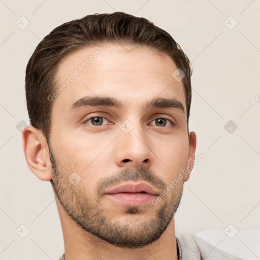 Neutral white young-adult male with short  brown hair and brown eyes