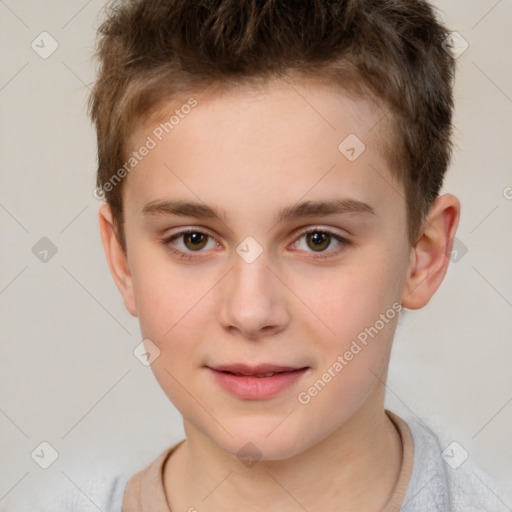 Joyful white child male with short  brown hair and brown eyes