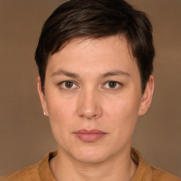 Neutral white young-adult female with short  brown hair and brown eyes