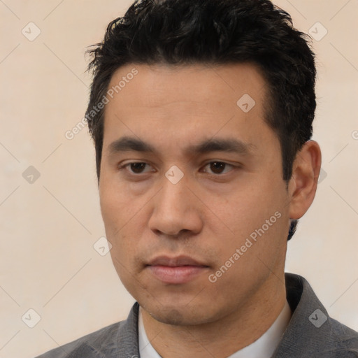 Neutral asian young-adult male with short  black hair and brown eyes