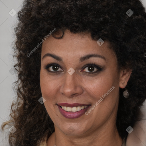 Joyful black young-adult female with medium  brown hair and brown eyes