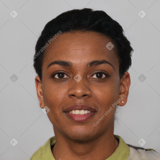 Joyful black young-adult female with short  black hair and brown eyes