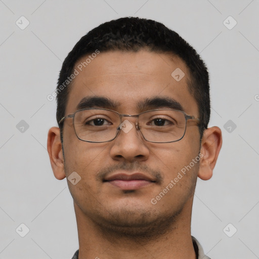 Neutral latino young-adult male with short  black hair and brown eyes