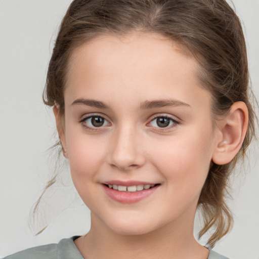 Joyful white child female with medium  brown hair and brown eyes