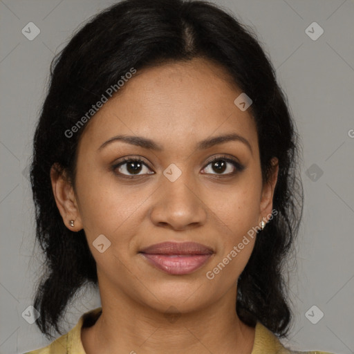 Joyful black young-adult female with medium  brown hair and brown eyes