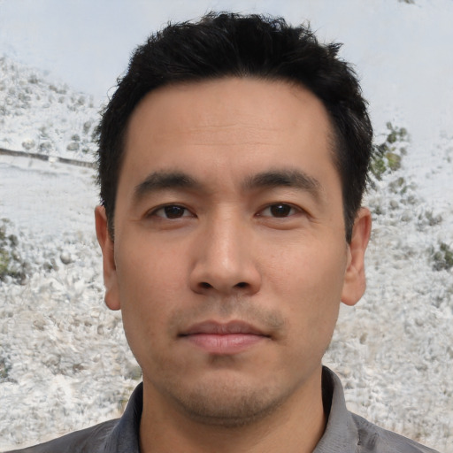 Neutral asian young-adult male with short  black hair and brown eyes