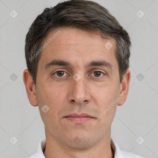 Neutral white adult male with short  brown hair and brown eyes