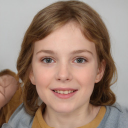 Joyful white child female with medium  brown hair and brown eyes