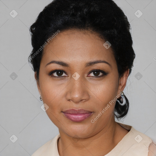 Joyful latino young-adult female with short  black hair and brown eyes