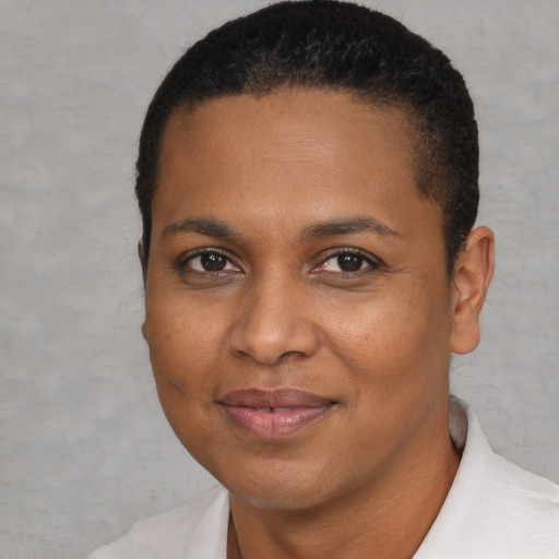 Joyful black young-adult female with short  brown hair and brown eyes