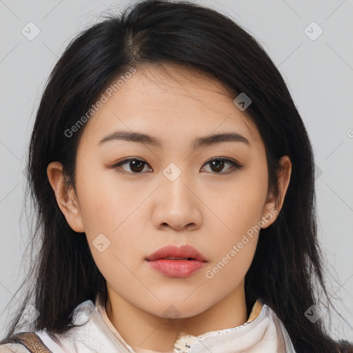 Neutral asian young-adult female with medium  brown hair and brown eyes