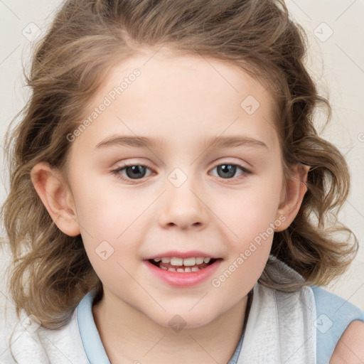 Joyful white child female with medium  brown hair and brown eyes