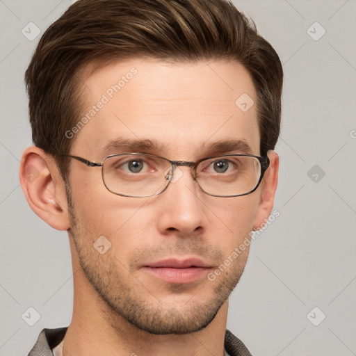 Neutral white young-adult male with short  brown hair and grey eyes