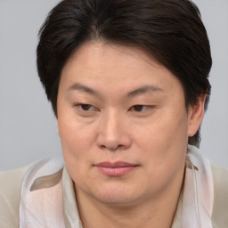 Joyful white adult female with short  brown hair and brown eyes