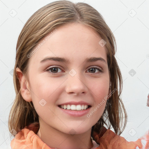 Joyful white child female with medium  brown hair and brown eyes