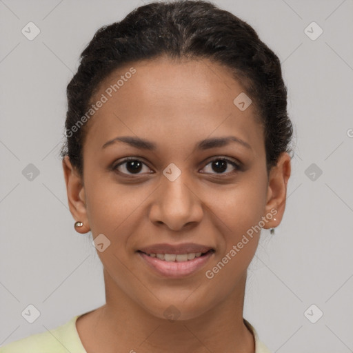 Joyful latino young-adult female with short  brown hair and brown eyes