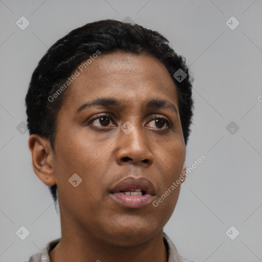Neutral black young-adult female with short  brown hair and brown eyes