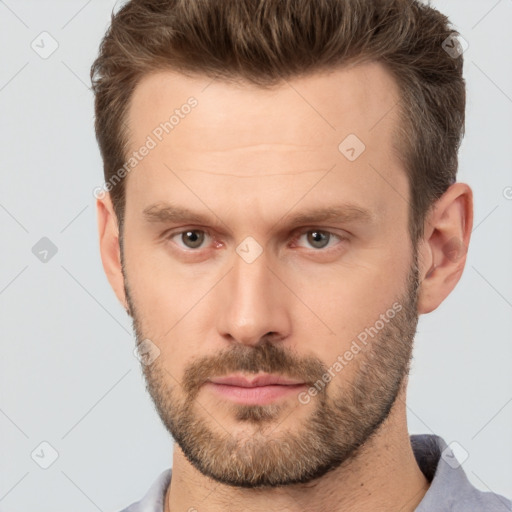 Neutral white adult male with short  brown hair and brown eyes