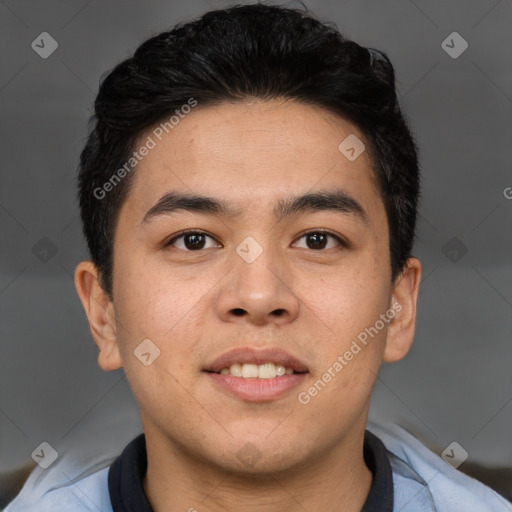 Joyful asian young-adult male with short  brown hair and brown eyes