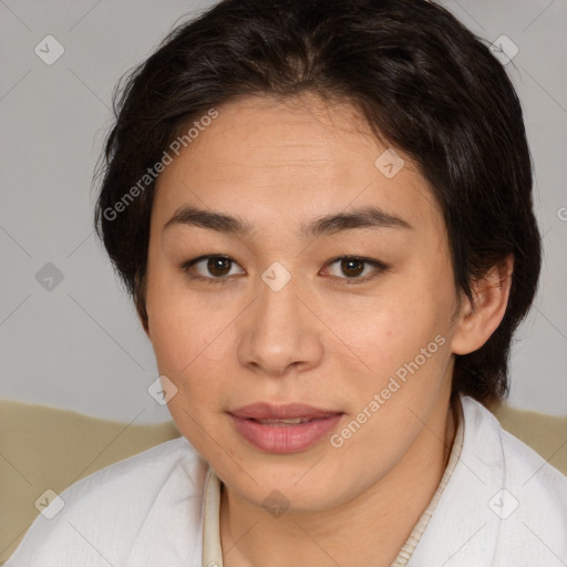 Joyful white young-adult female with medium  brown hair and brown eyes