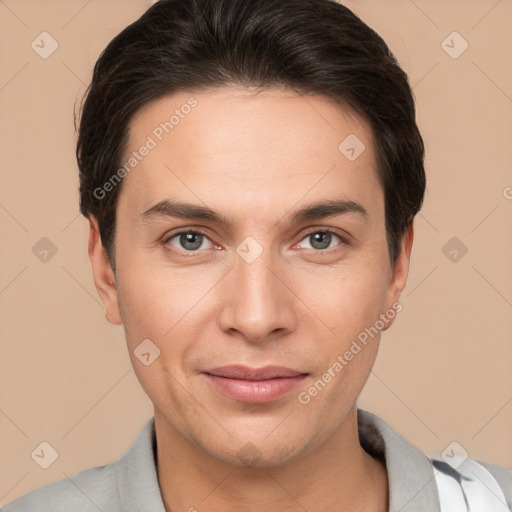 Joyful white young-adult male with short  brown hair and brown eyes