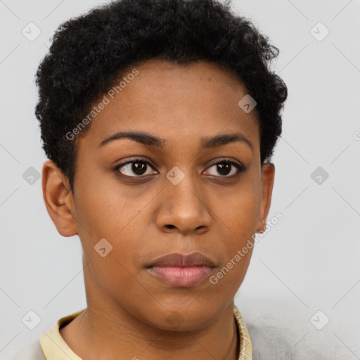 Neutral black young-adult female with short  brown hair and brown eyes