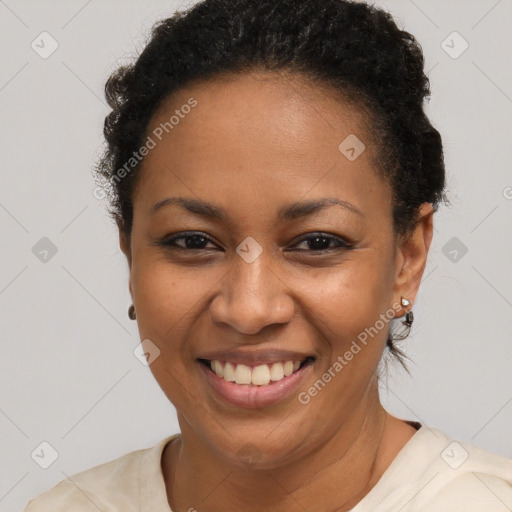 Joyful latino young-adult female with short  brown hair and brown eyes