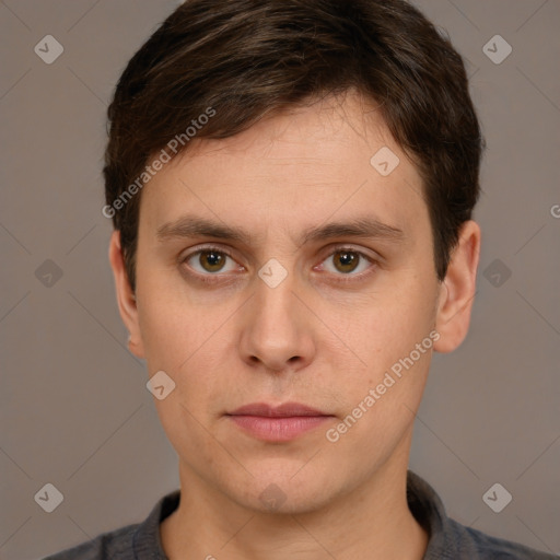 Neutral white young-adult male with short  brown hair and brown eyes