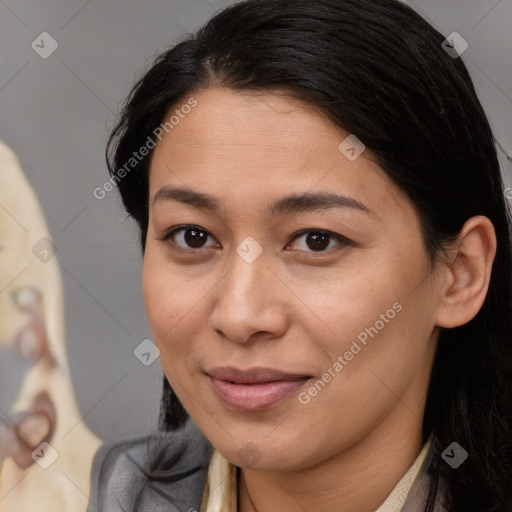 Joyful latino young-adult female with medium  brown hair and brown eyes