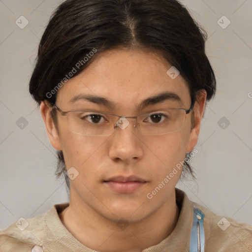 Neutral asian young-adult female with short  brown hair and brown eyes