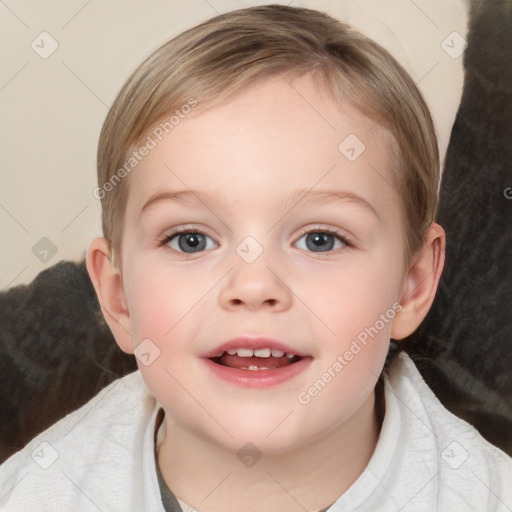 Joyful white child female with medium  brown hair and blue eyes