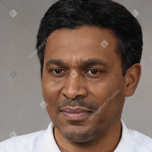 Joyful latino adult male with short  black hair and brown eyes