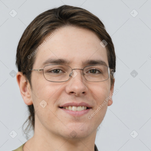 Joyful white adult male with short  brown hair and grey eyes