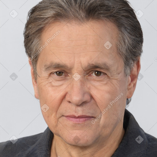 Joyful white middle-aged male with short  brown hair and brown eyes