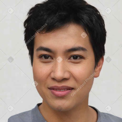 Joyful asian young-adult male with short  black hair and brown eyes