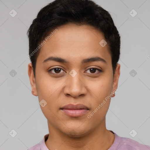 Joyful latino young-adult female with short  brown hair and brown eyes