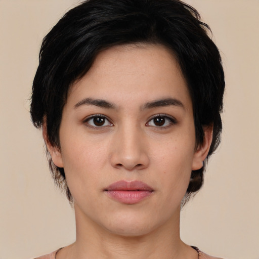 Neutral asian young-adult female with medium  black hair and brown eyes