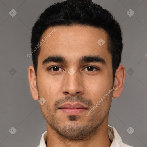 Neutral latino young-adult male with short  black hair and brown eyes