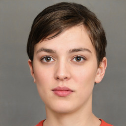 Neutral white young-adult female with short  brown hair and brown eyes