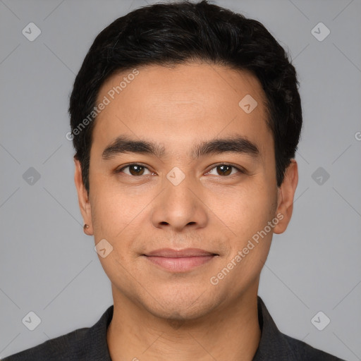 Joyful white young-adult male with short  black hair and brown eyes