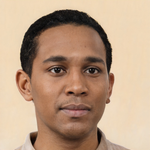 Neutral black young-adult male with short  black hair and brown eyes